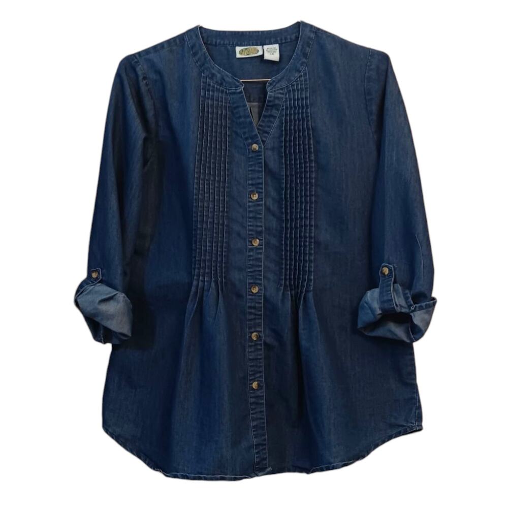 Collections Etc Denim Top Blouse LG Tucks‎ Peasant Western Cowgirl Country Jean